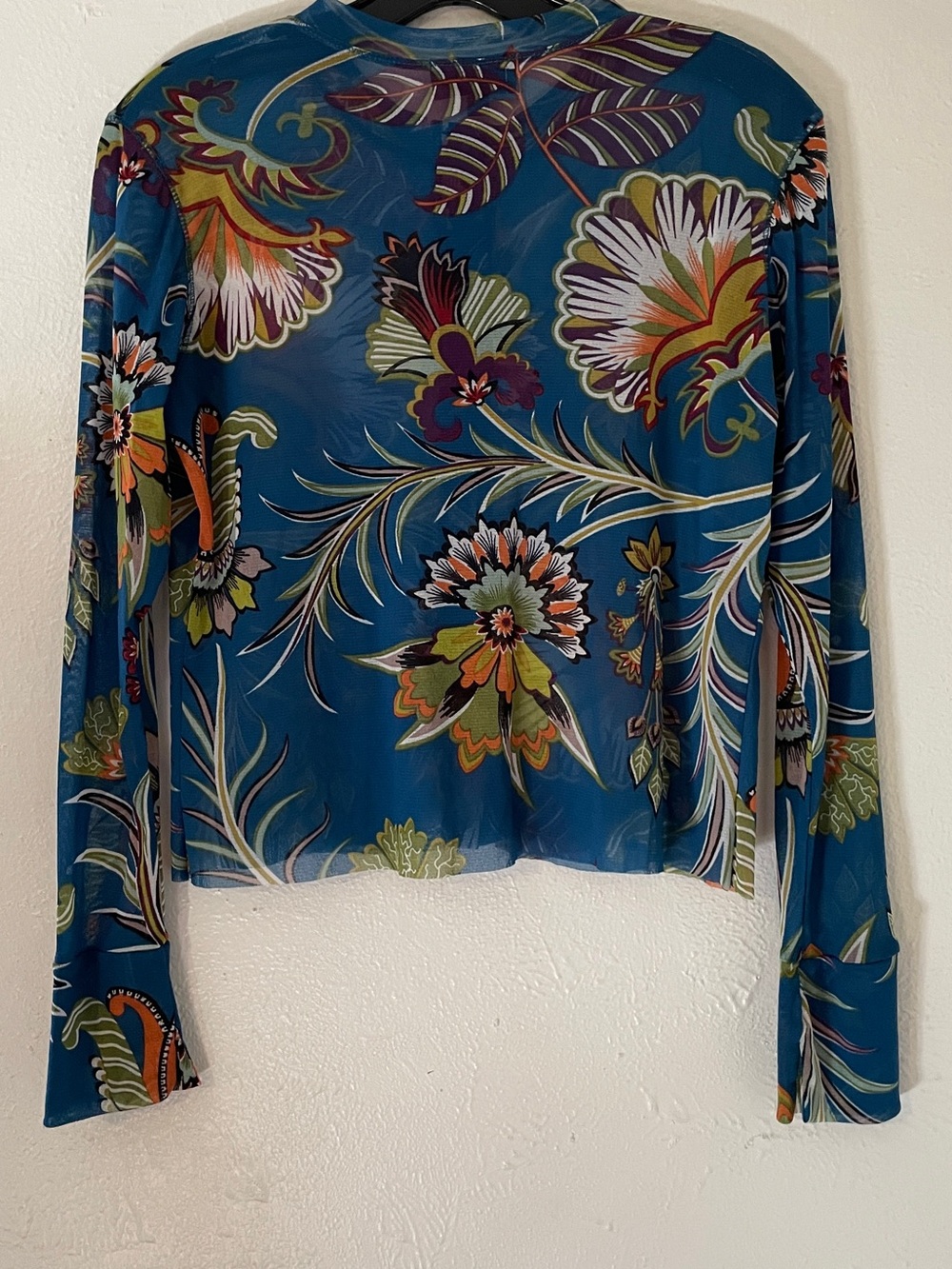 Petit Pois Teal Tropical Floral Sheer Nylon Mesh Blouse Shell Buttons M - Picture 9 of 12